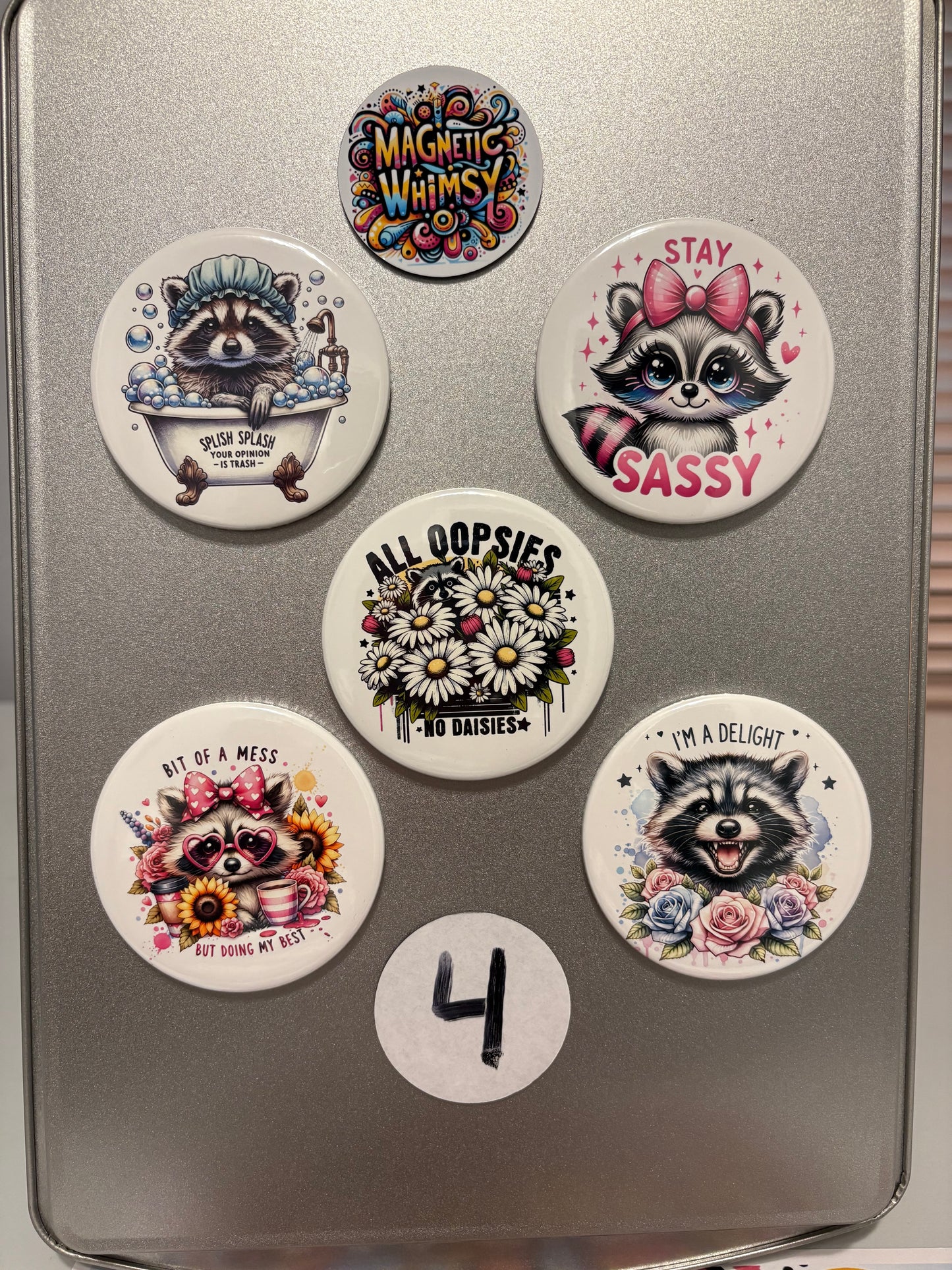 5 magnet set. 3" Round. Funny Set # 4 Raccoon Sassy Daisies