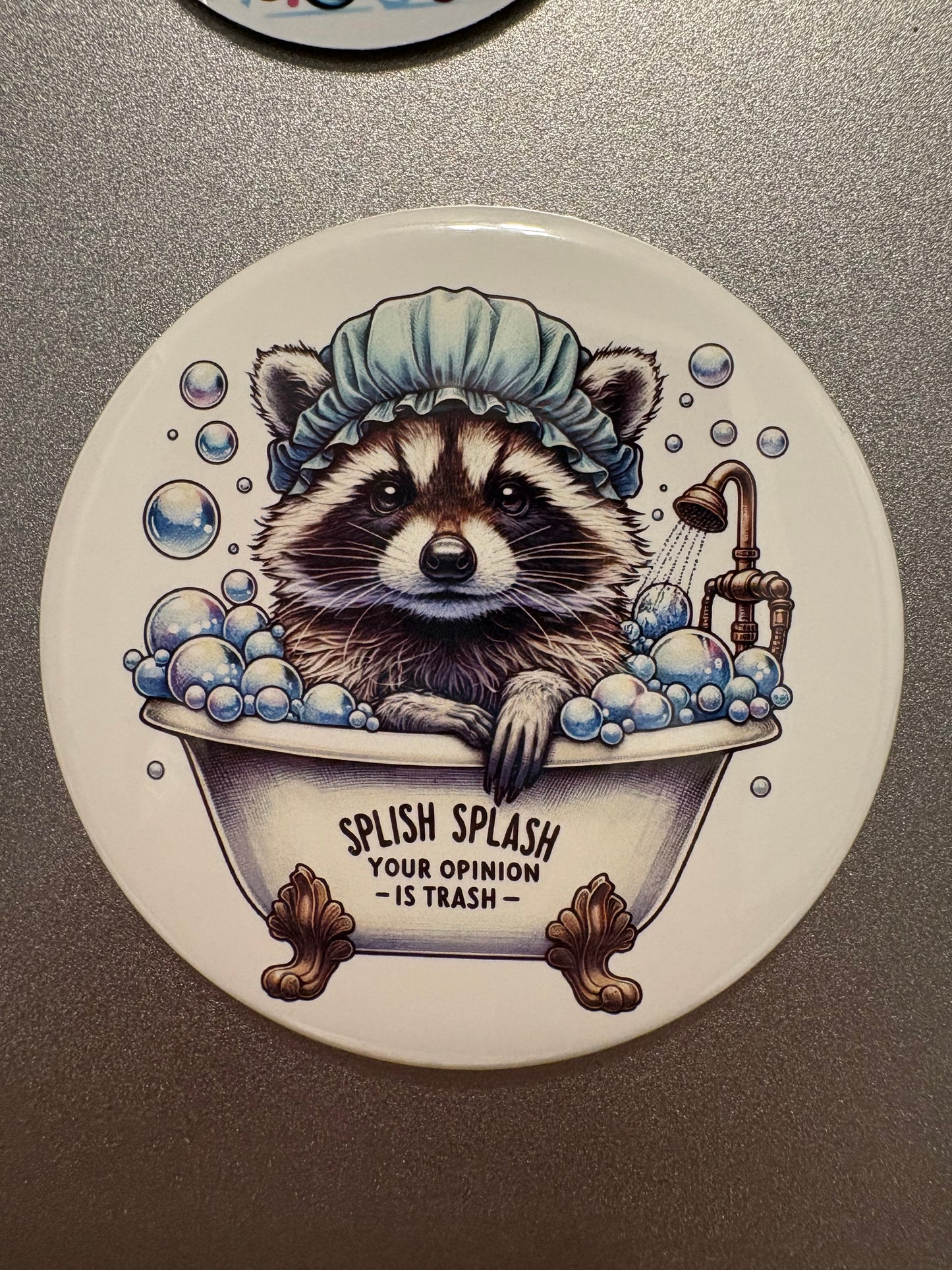 5 magnet set. 3" Round. Funny Set # 4 Raccoon Sassy Daisies