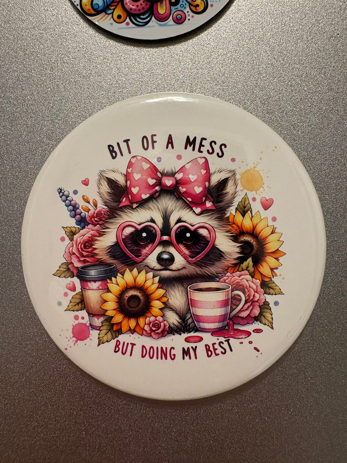 5 magnet set. 3" Round. Funny Set # 4 Raccoon Sassy Daisies