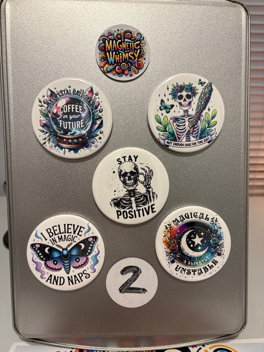 5 magnet set. 3" Round. Halloween Funny Skeleton Set # 2