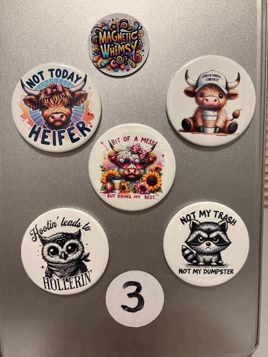 5 magnet set. 3" Round. Heifer Cow Funny Set # 3 Owl Raccoon