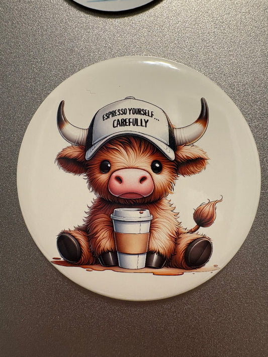 5 magnet set. 3" Round. Heifer Cow Funny Set # 3 Owl Raccoon