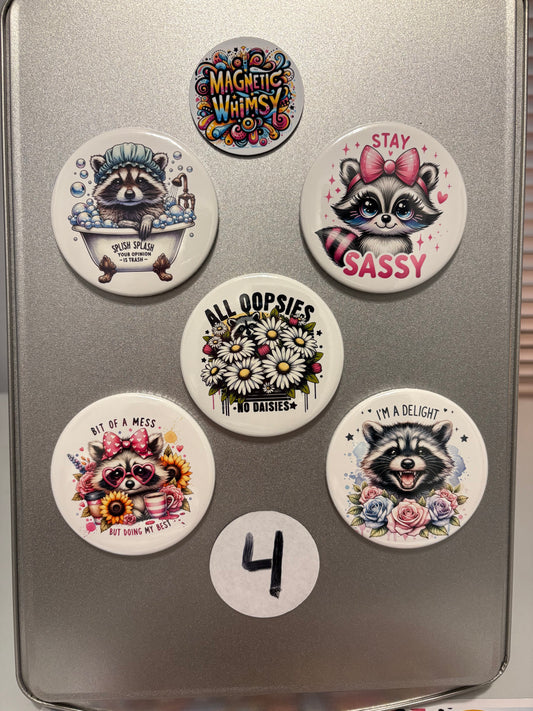 5 magnet set. 3" Round. Funny Set # 4 Raccoon Sassy Daisies