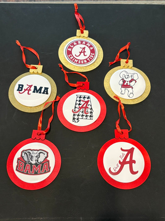 Alabama Crimson Tide Christmas Ornaments. Set of 6.